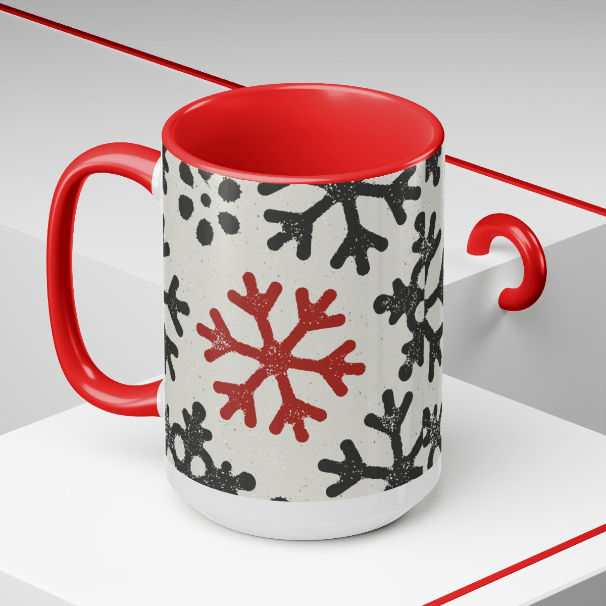 Red Snowflake Coffee Mugs, 15oz, Holiday Mug, Unique Coffee Mug Gift