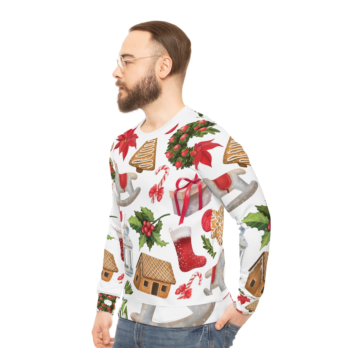 Ugly Christmas Sweatshirt, Gingerbread House, Rocking Horse,