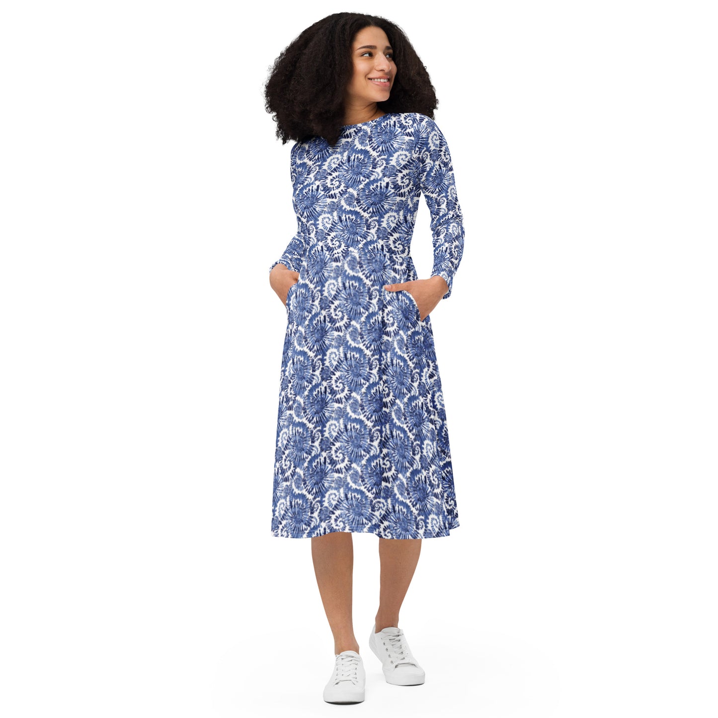 Blue White Designer Print Long Sleeve Midi dress