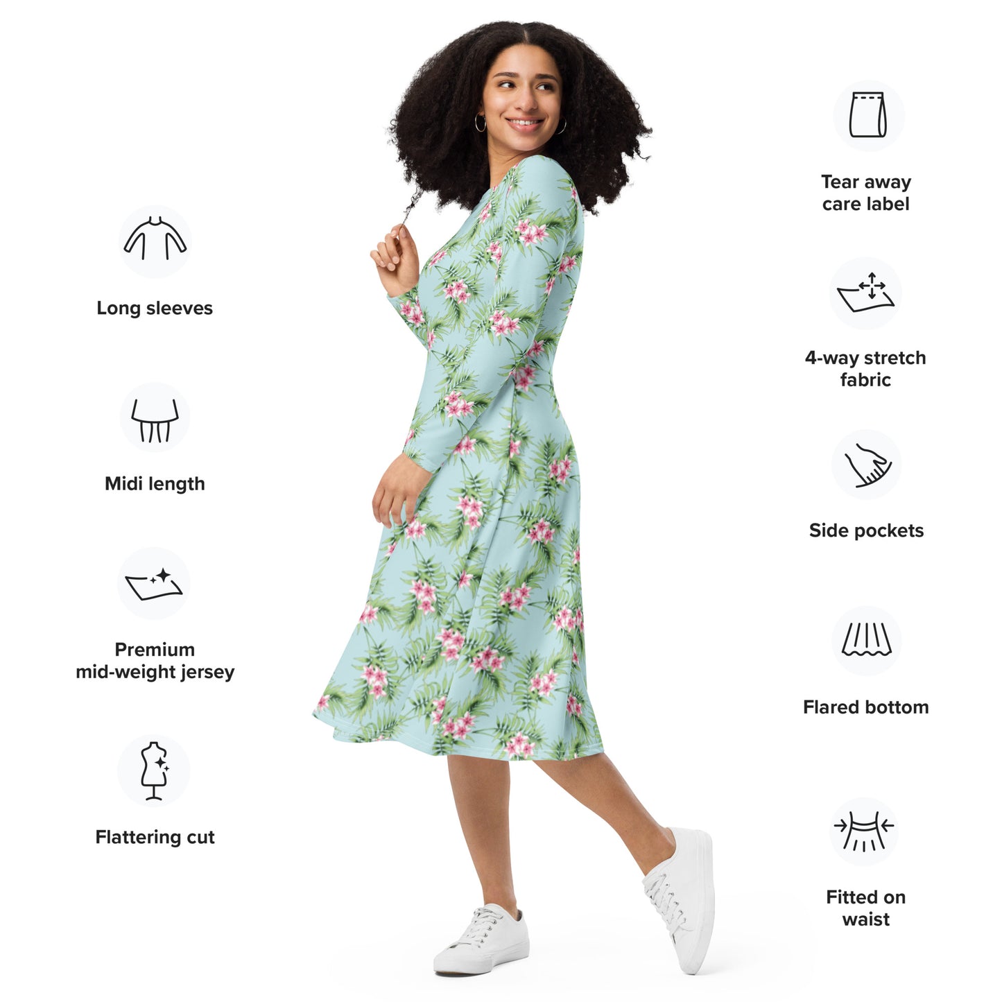 Green Pastel Floral Long Sleeve Midi Dress