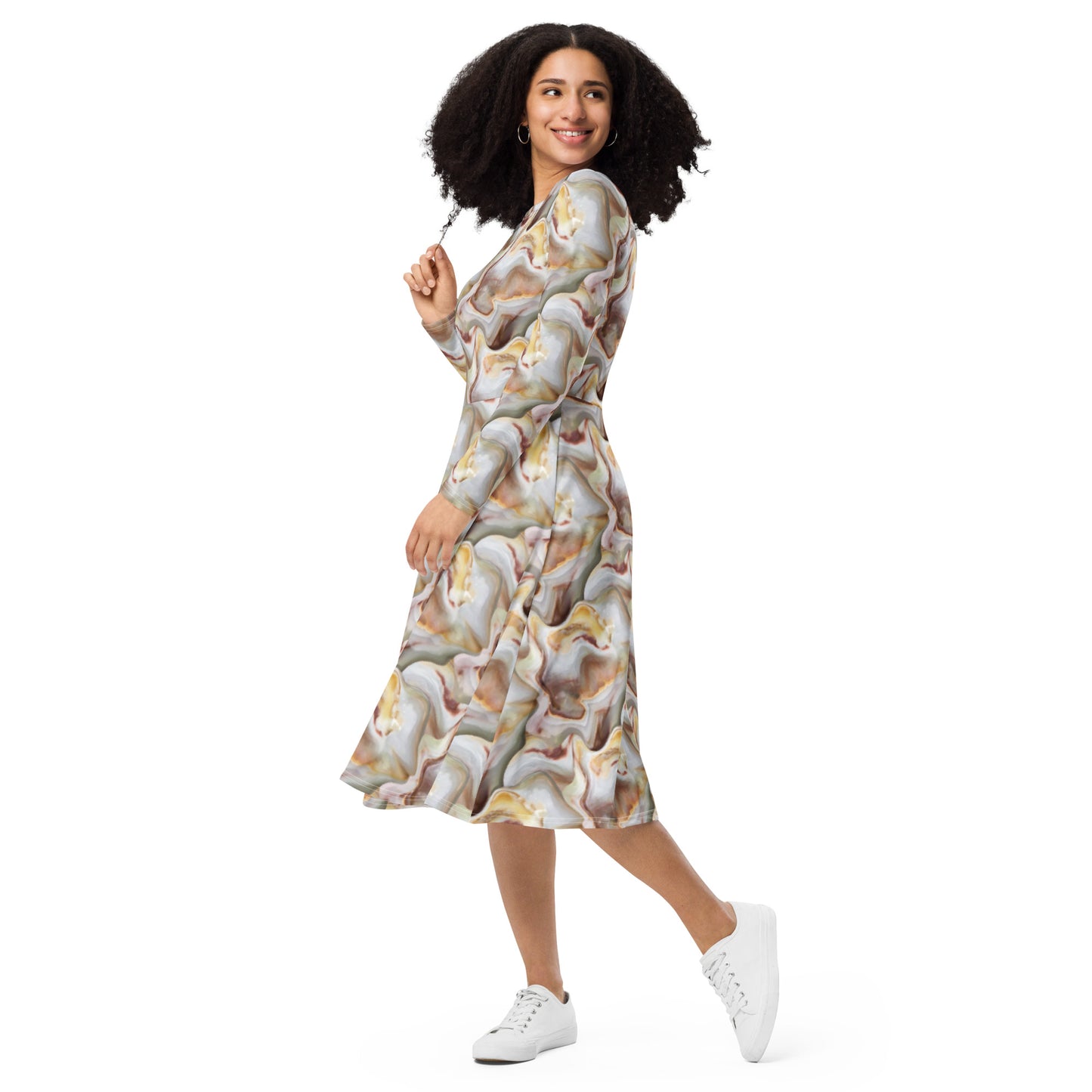 Brown Long Sleeve Midi Dress