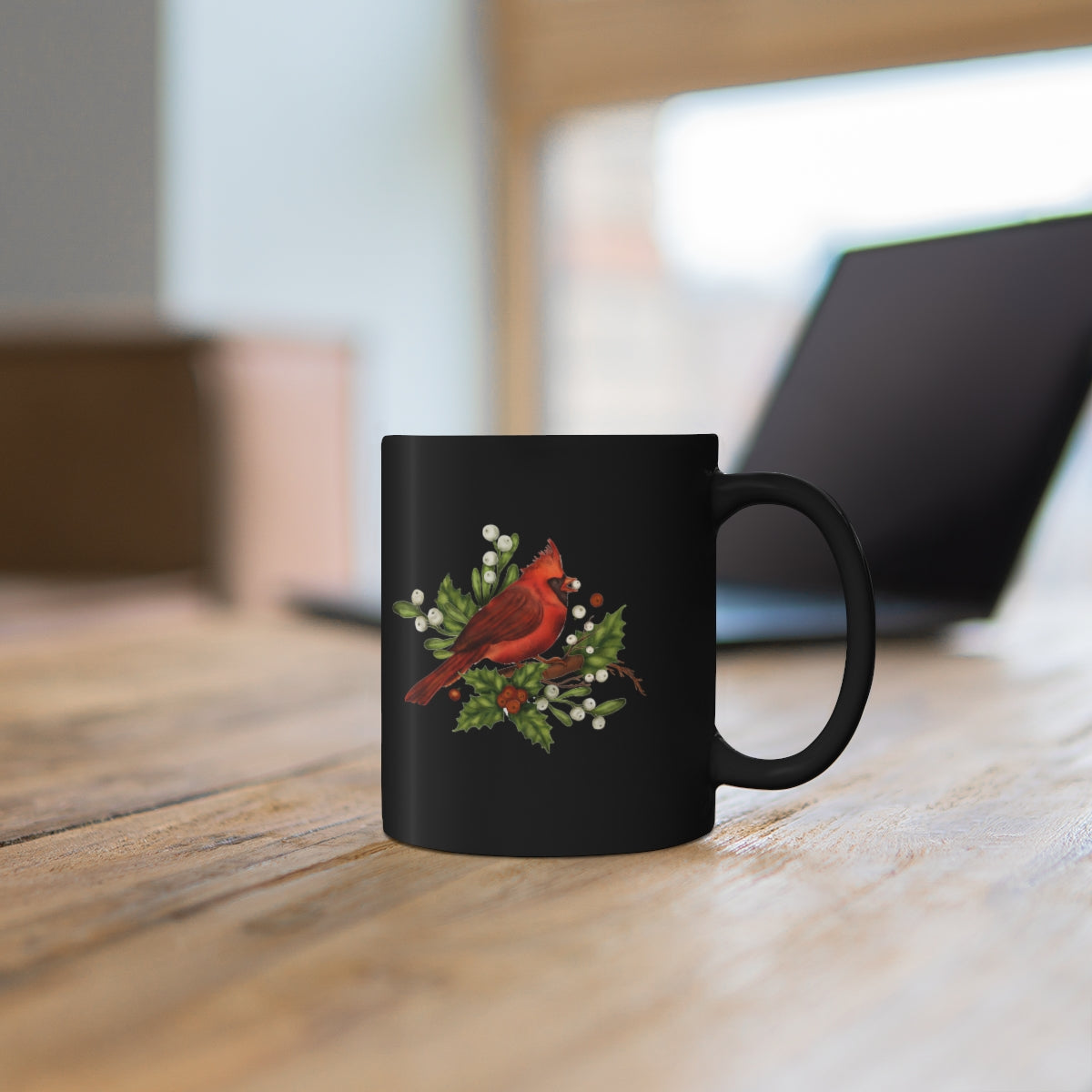 Christmas Cardinal 11oz Black Mug, Unique Mug, Holiday Mug