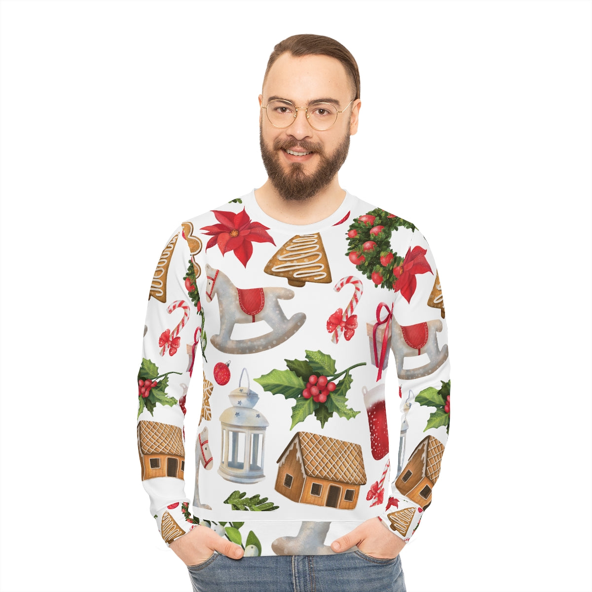 Ugly Christmas Sweatshirt, Gingerbread House, Rocking Horse,