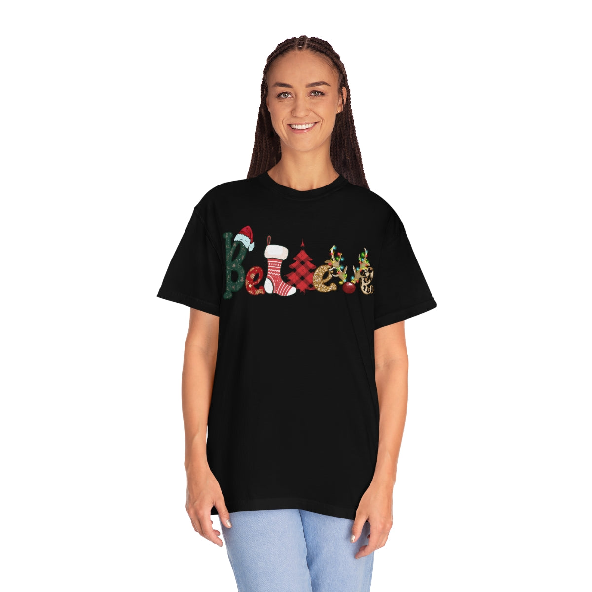Comfort Colors T-shirt, Retro T-shirt, Believe, Christmas Tree, Christmas Stocking