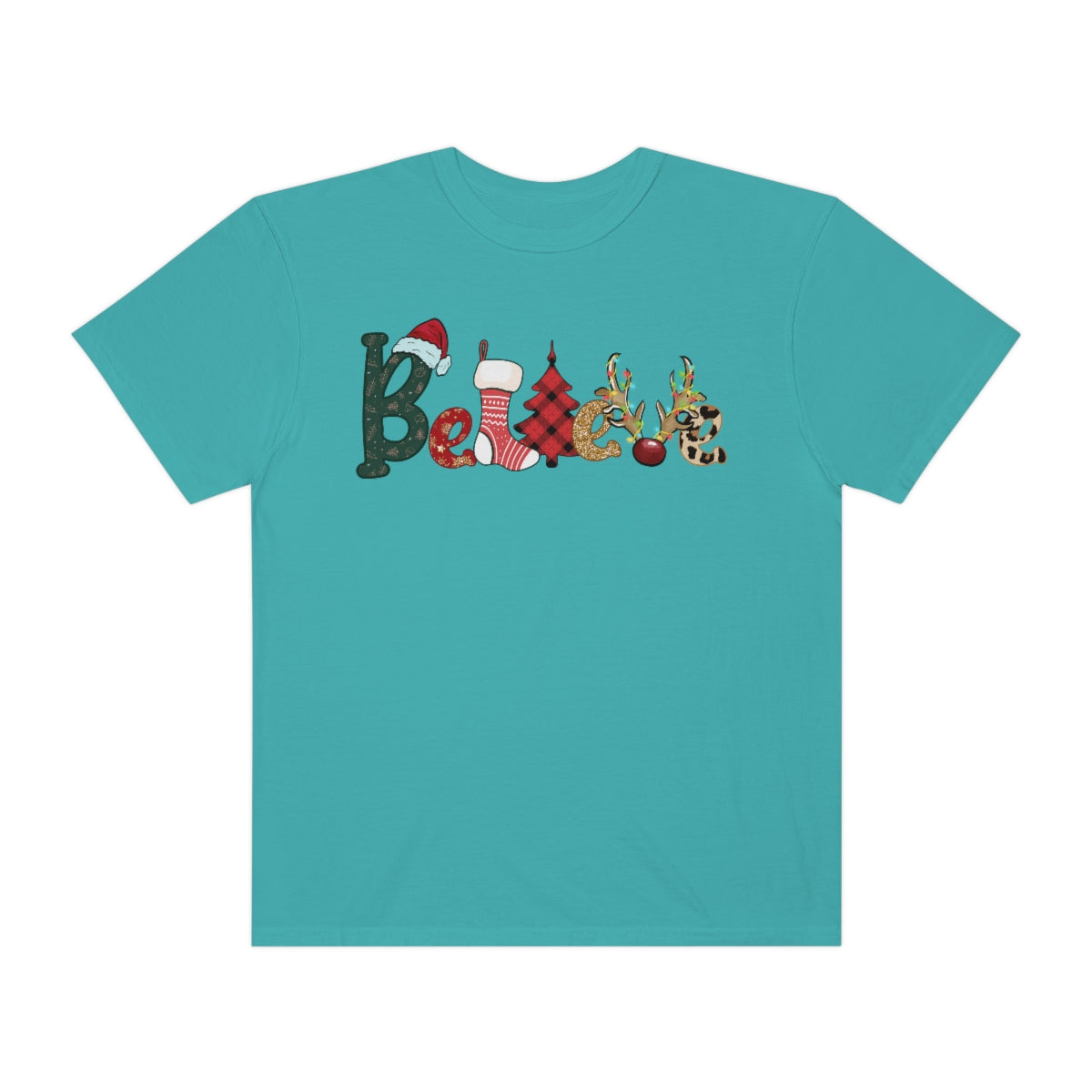 Comfort Colors T-shirt, Retro T-shirt, Believe, Christmas Tree, Christmas Stocking