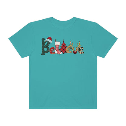 Comfort Colors T-shirt, Retro T-shirt, Believe, Christmas Tree, Christmas Stocking