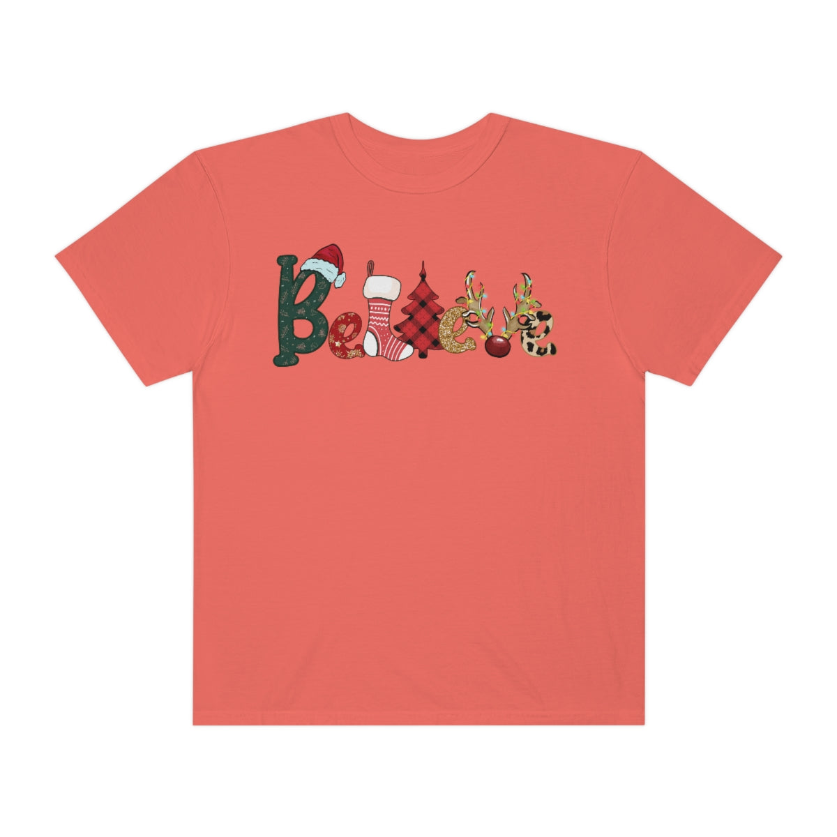 Comfort Colors T-shirt, Retro T-shirt, Believe, Christmas Tree, Christmas Stocking
