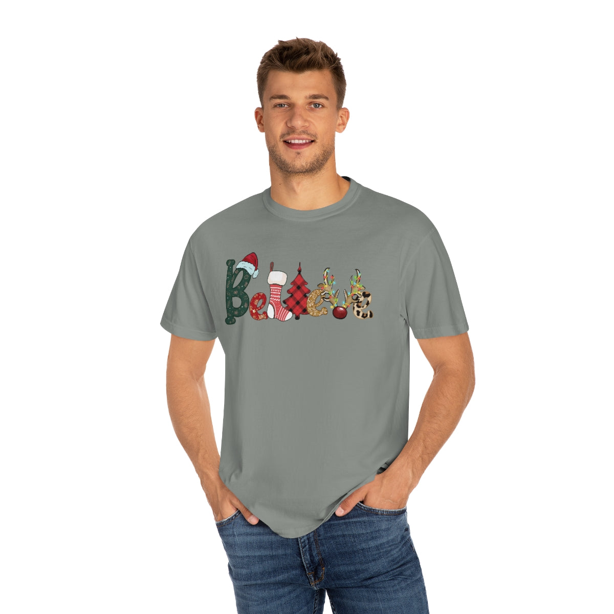 Comfort Colors T-shirt, Retro T-shirt, Believe, Christmas Tree, Christmas Stocking