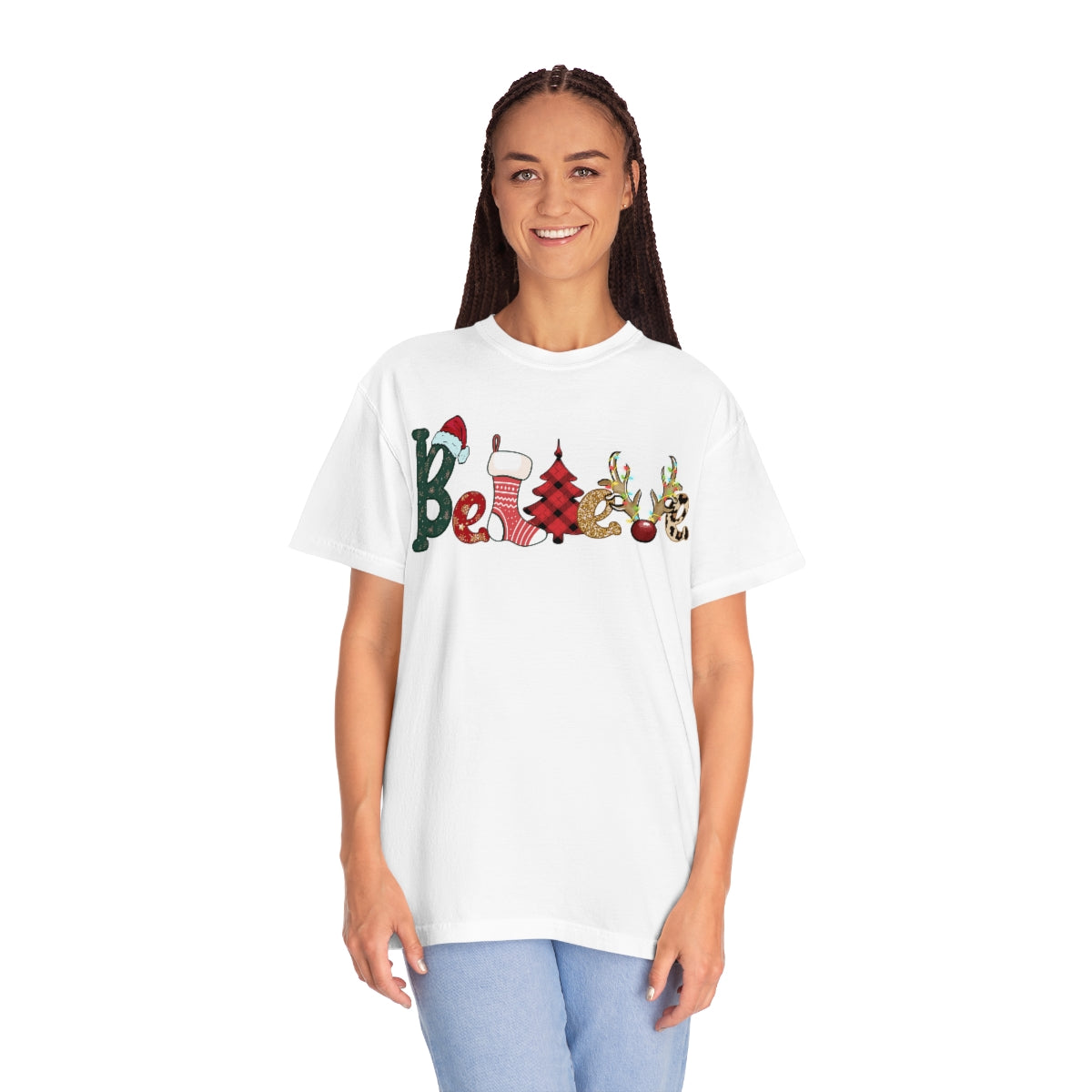 Comfort Colors T-shirt, Retro T-shirt, Believe, Christmas Tree, Christmas Stocking