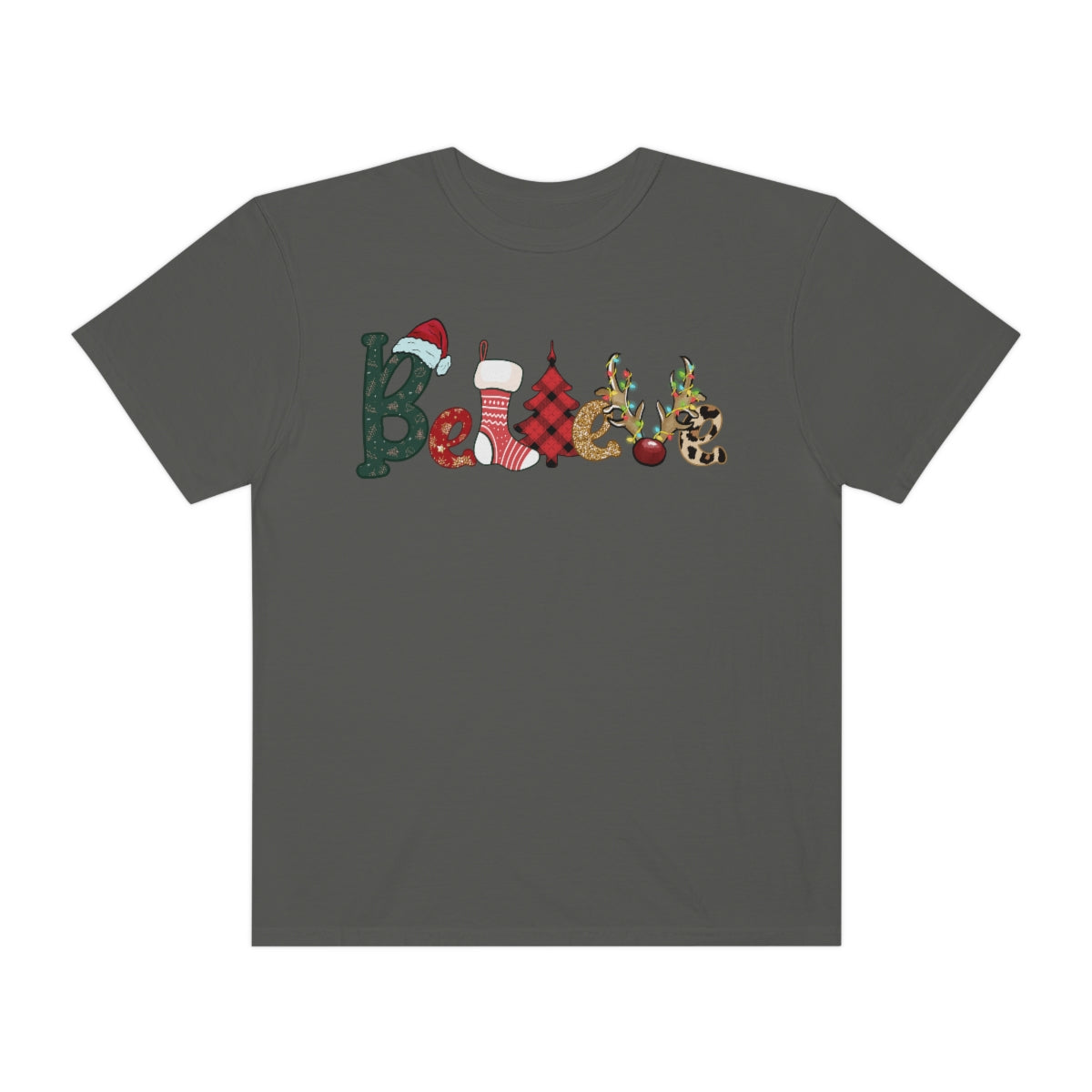 Comfort Colors T-shirt, Retro T-shirt, Believe, Christmas Tree, Christmas Stocking
