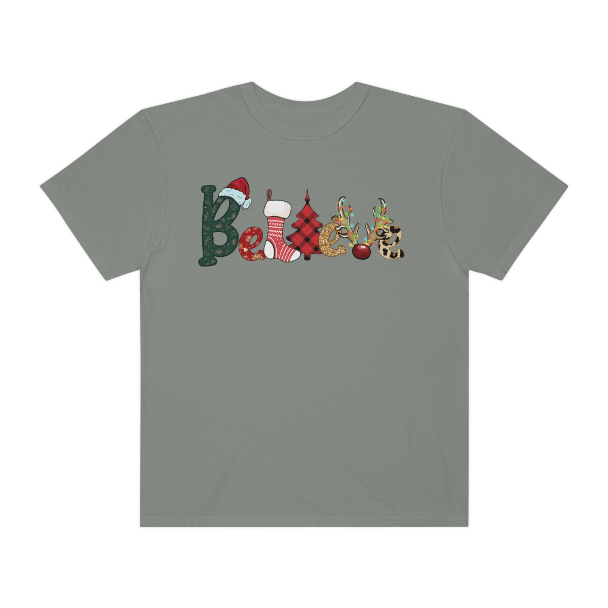 Comfort Colors T-shirt, Retro T-shirt, Believe, Christmas Tree, Christmas Stocking