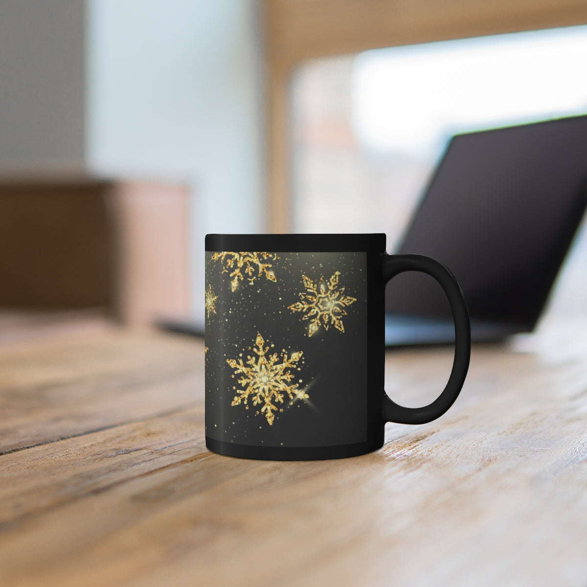 Snowflake 11oz Black Mug, Unique Coffee Mug, Holiday Mug, Holiday Gift