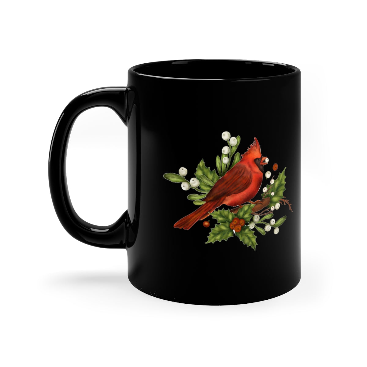 Christmas Cardinal 11oz Black Mug, Unique Mug, Holiday Mug