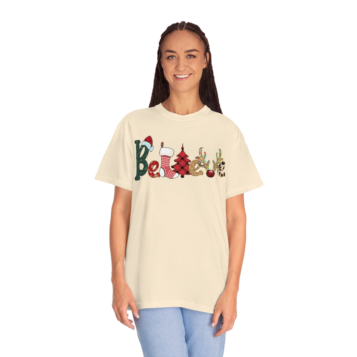 Comfort Colors T-shirt, Retro T-shirt, Believe, Christmas Tree, Christmas Stocking