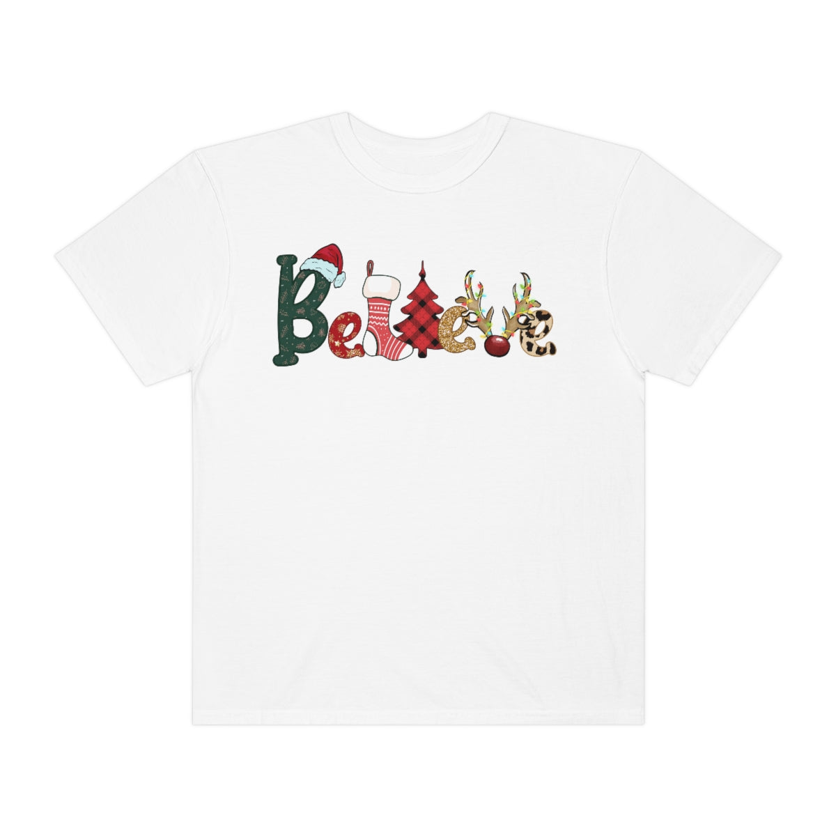 Comfort Colors T-shirt, Retro T-shirt, Believe, Christmas Tree, Christmas Stocking