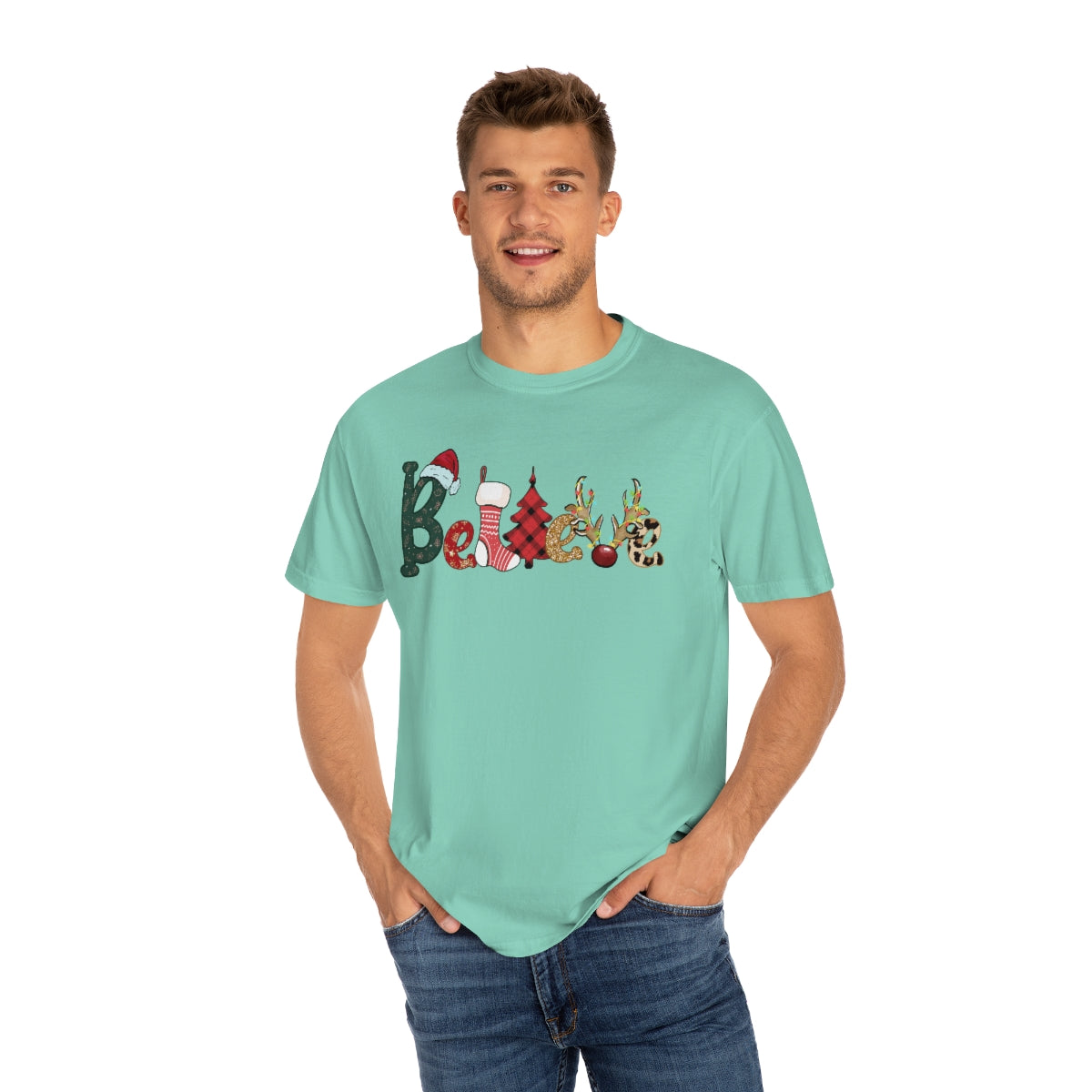 Comfort Colors T-shirt, Retro T-shirt, Believe, Christmas Tree, Christmas Stocking