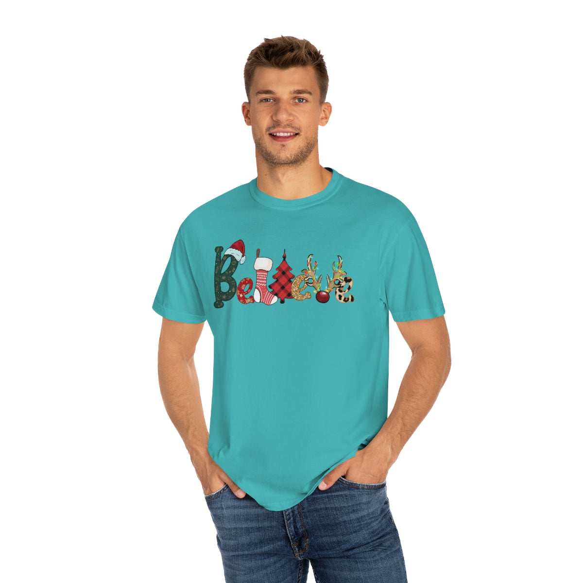 Comfort Colors T-shirt, Retro T-shirt, Believe, Christmas Tree, Christmas Stocking