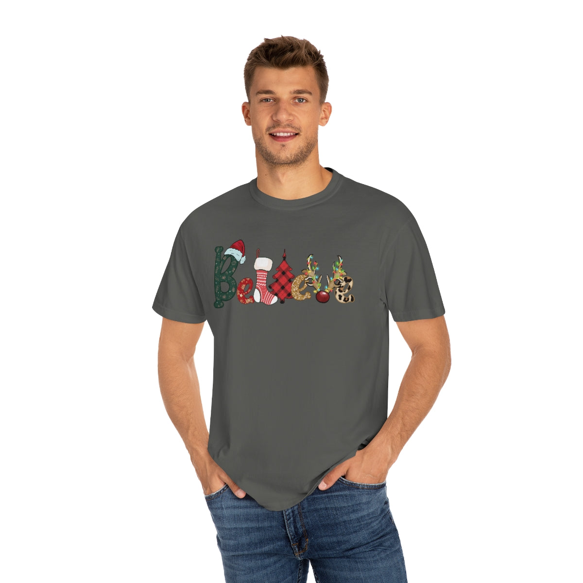 Comfort Colors T-shirt, Retro T-shirt, Believe, Christmas Tree, Christmas Stocking