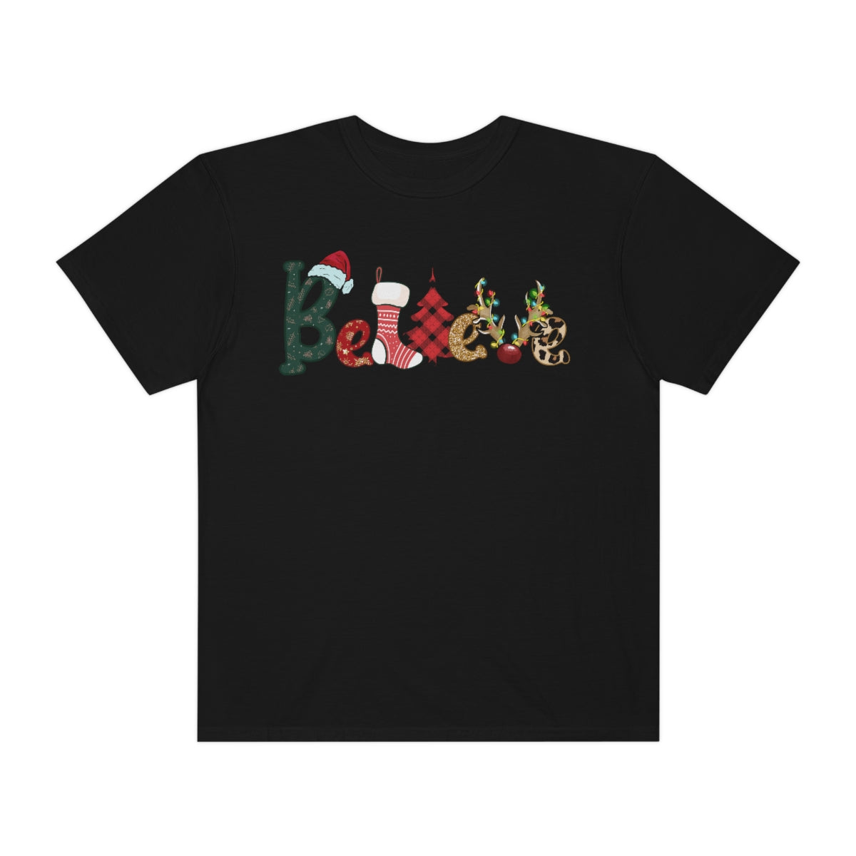 Comfort Colors T-shirt, Retro T-shirt, Believe, Christmas Tree, Christmas Stocking