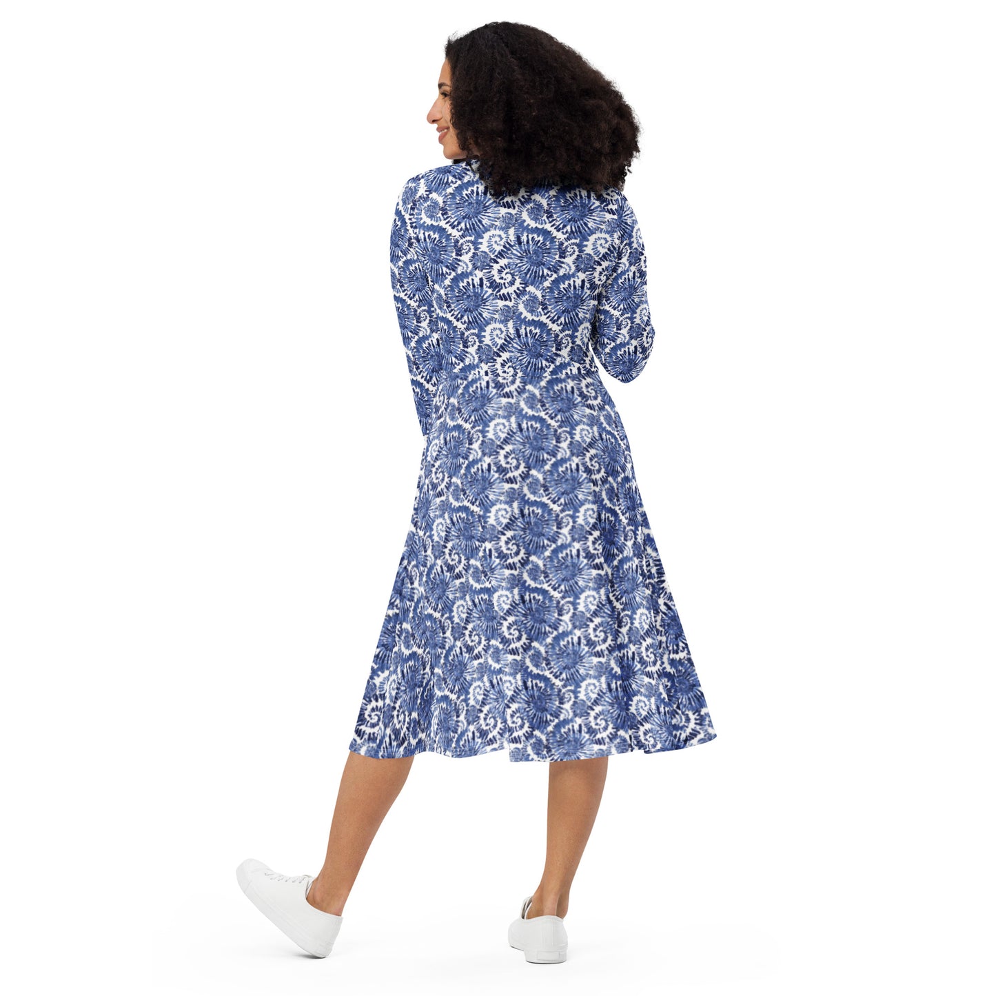 Blue White Designer Print  Long Sleeve Midi dress