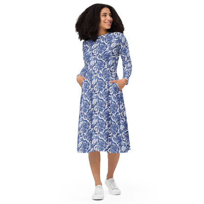 Blue White Designer Print  Long Sleeve Midi dress