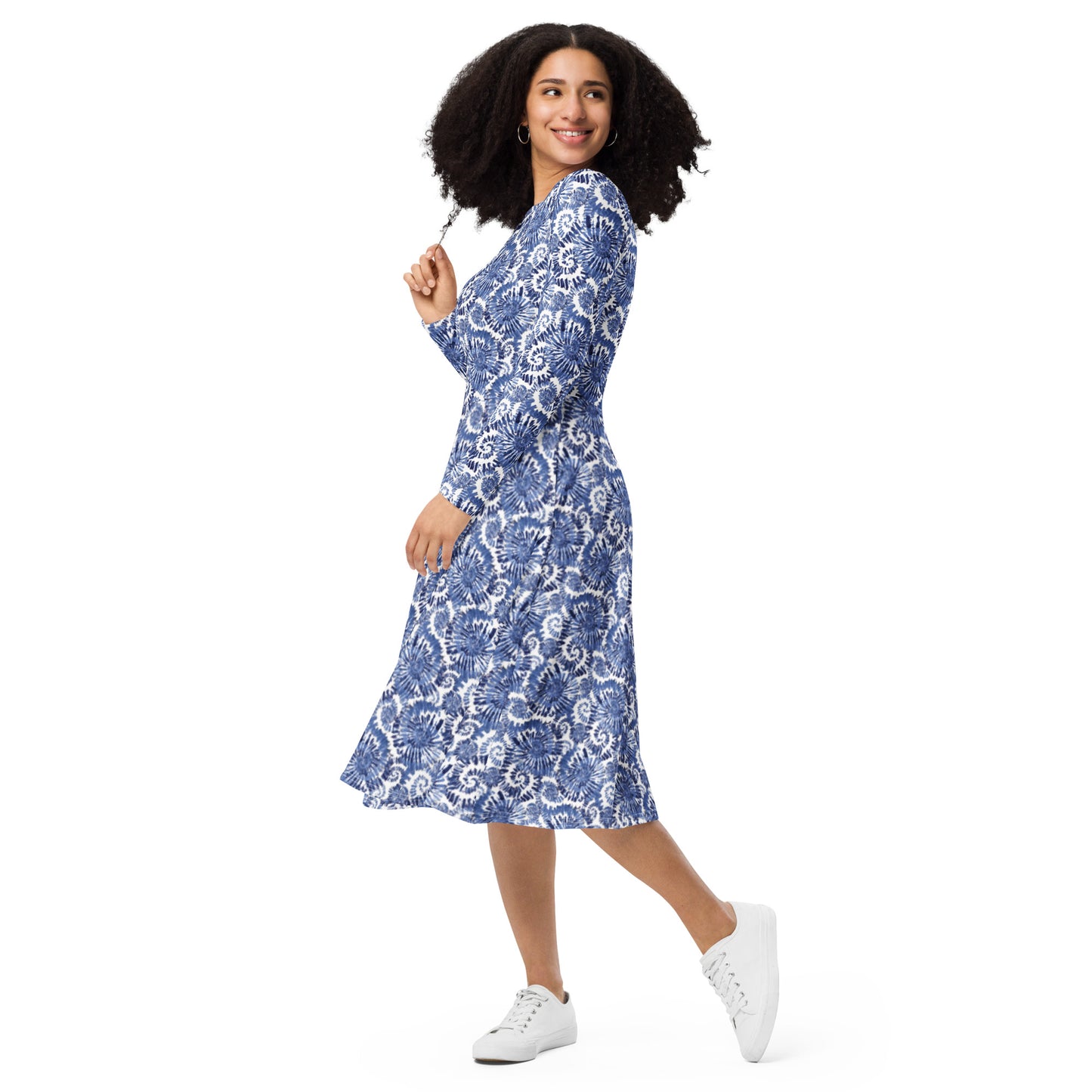 Blue White Designer Print  Long Sleeve Midi dress