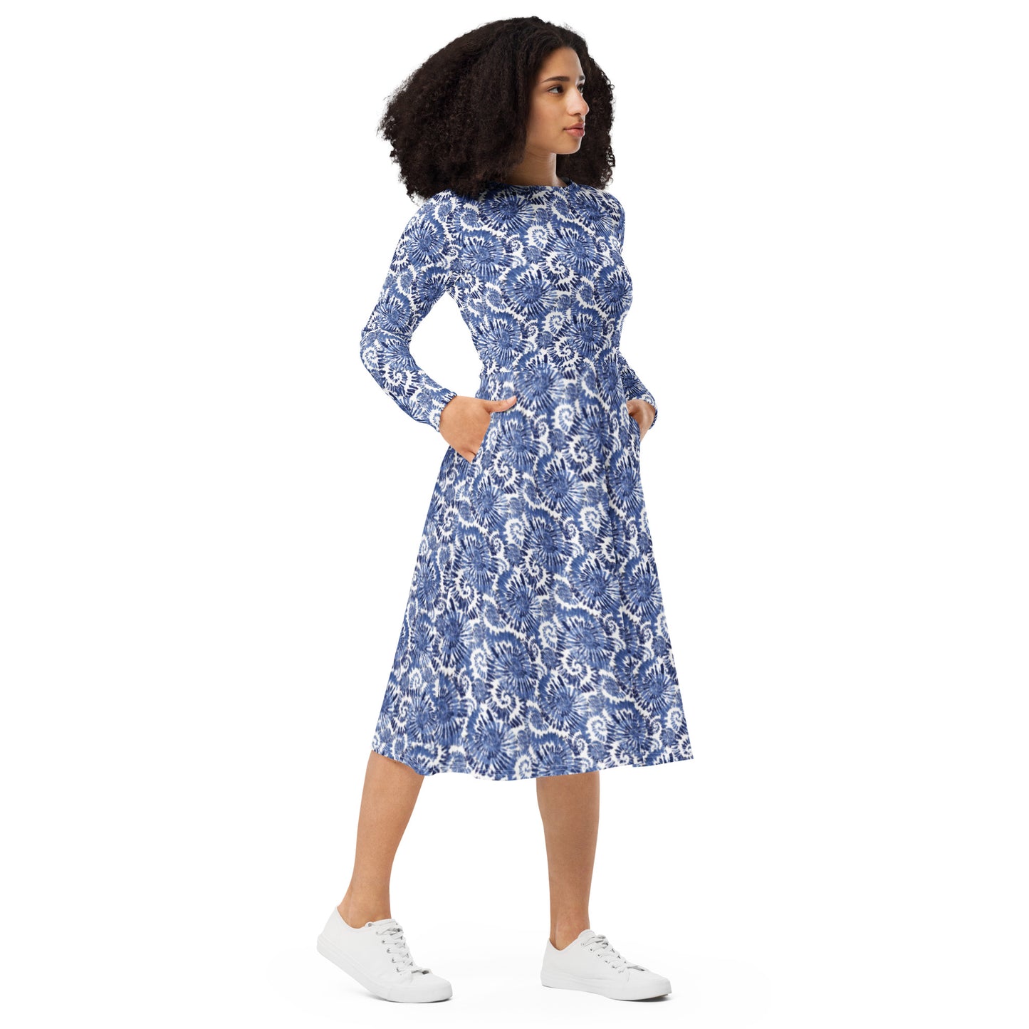 Blue White Designer Print  Long Sleeve Midi dress