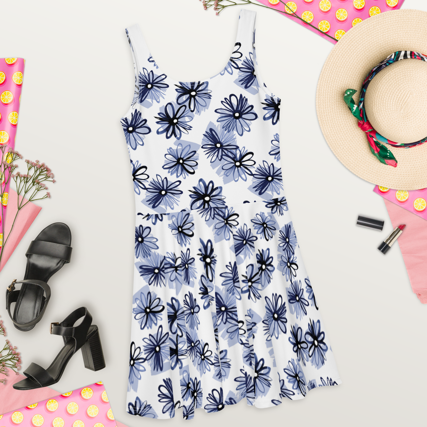 Black and White Floral Skater Dress
