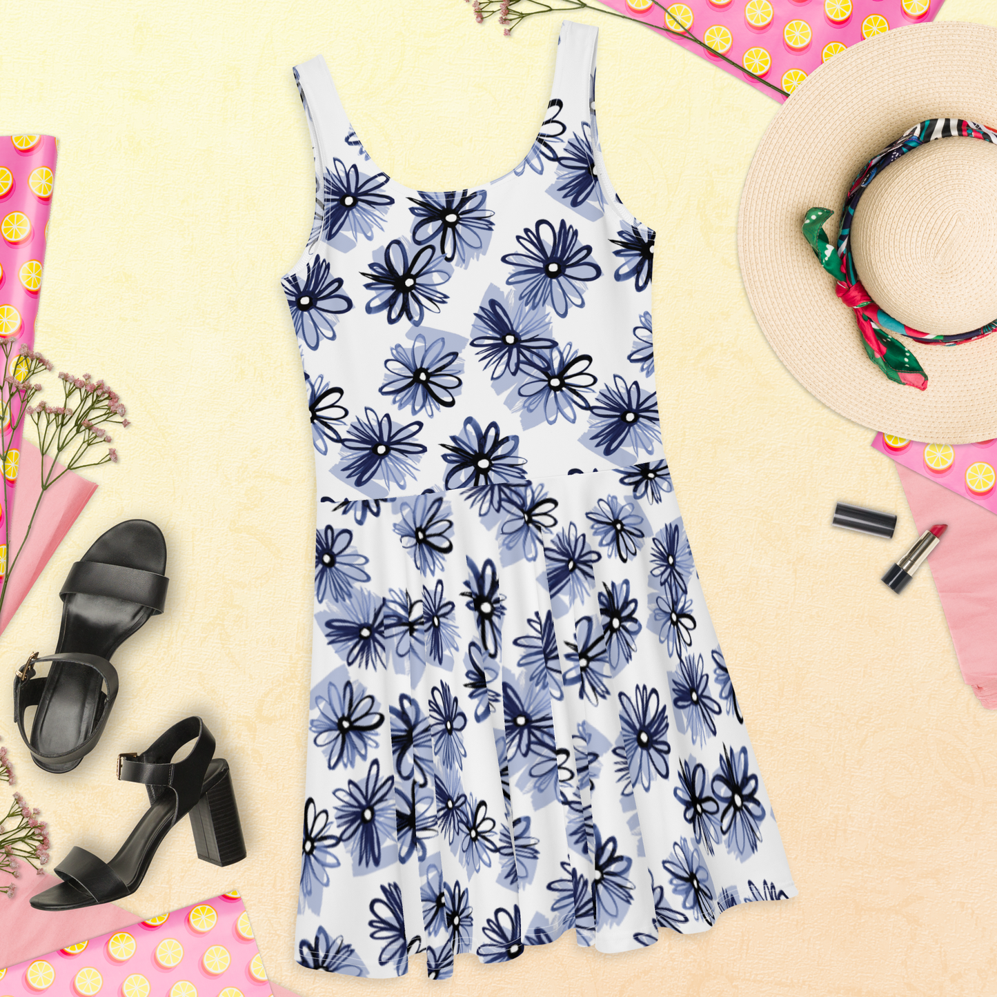 Black and White Floral Skater Dress