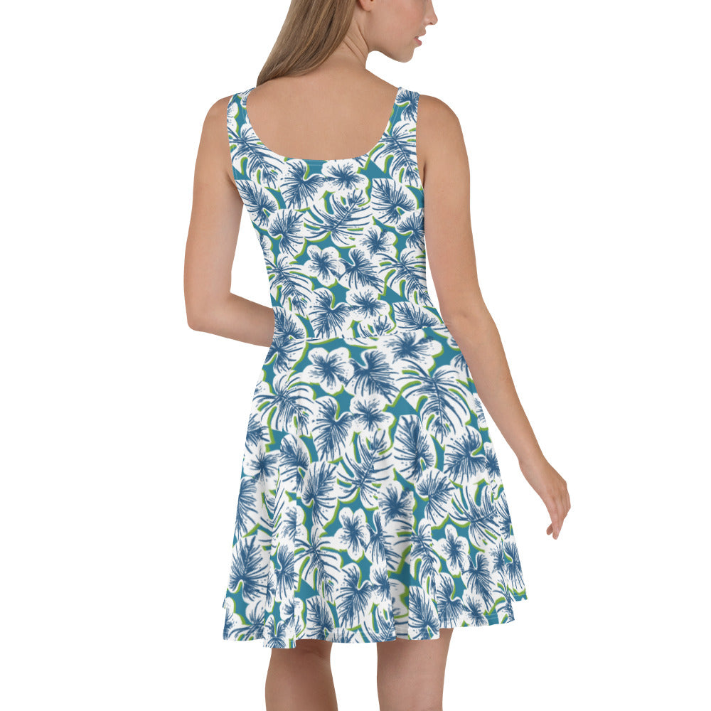 Blue Palm Frond Skater Dress