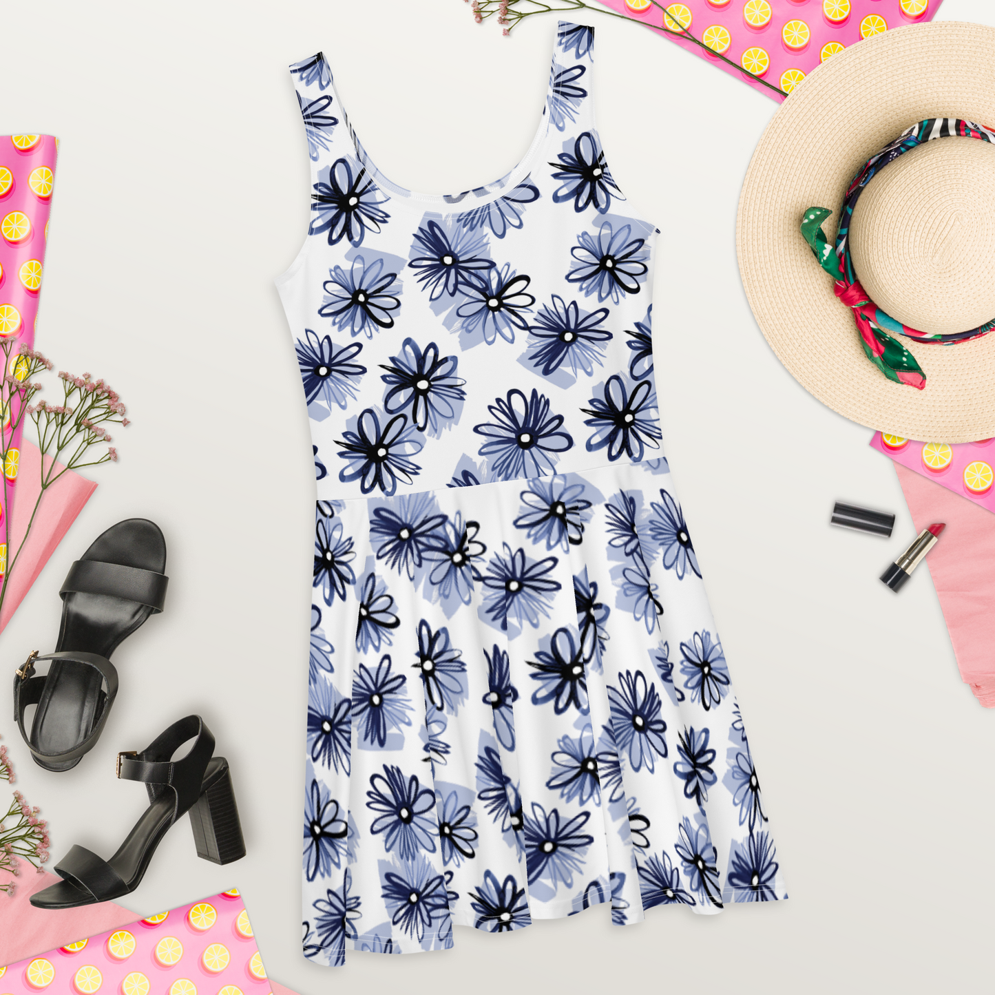 Black and White Floral Skater Dress