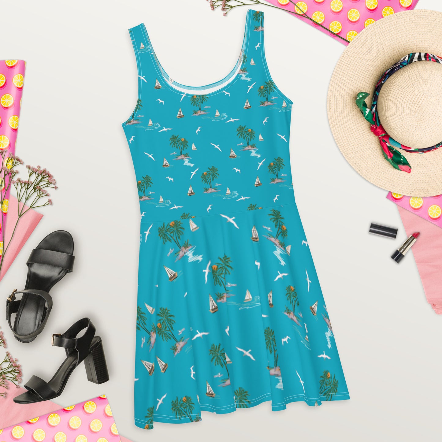 Palm and Gulls Skater Dress