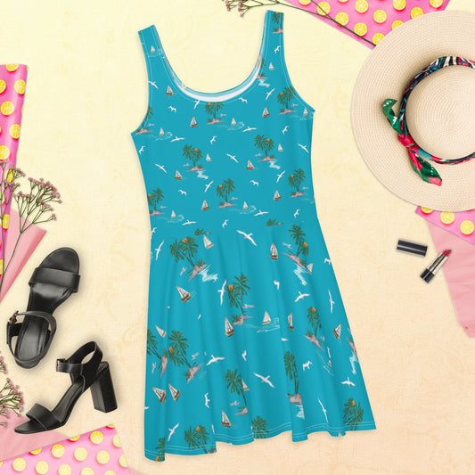 Palm and Gulls Skater Dress