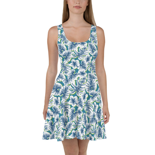 Blue Palm Frond Skater Dress