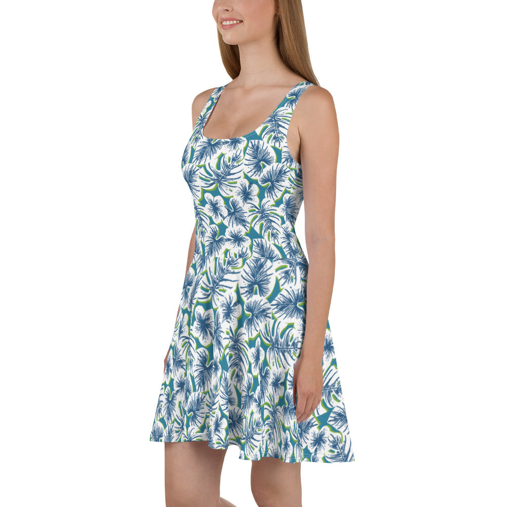 Blue Palm Frond Skater Dress