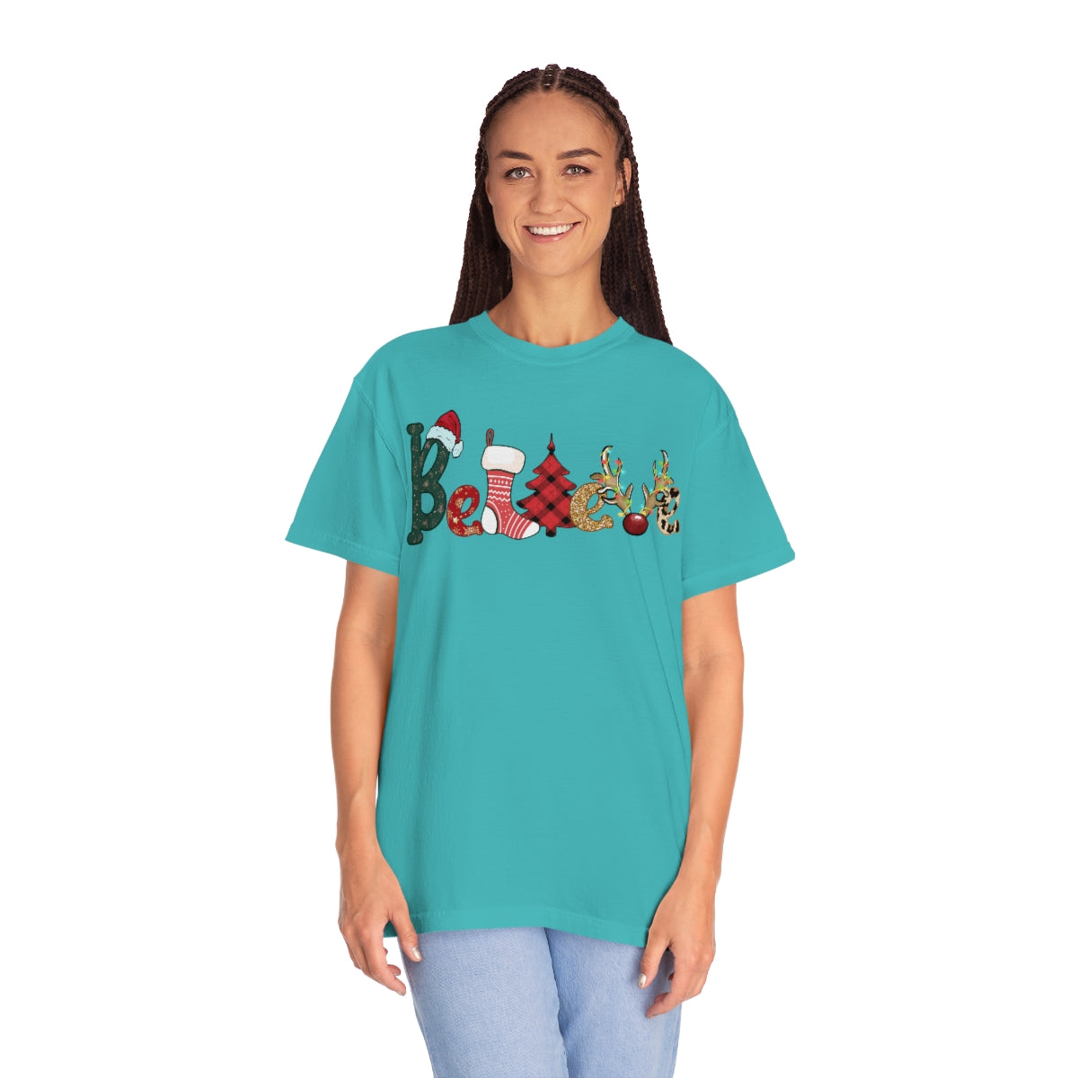 Comfort Colors T-shirt, Retro T-shirt, Believe, Christmas Tree, Christmas Stocking