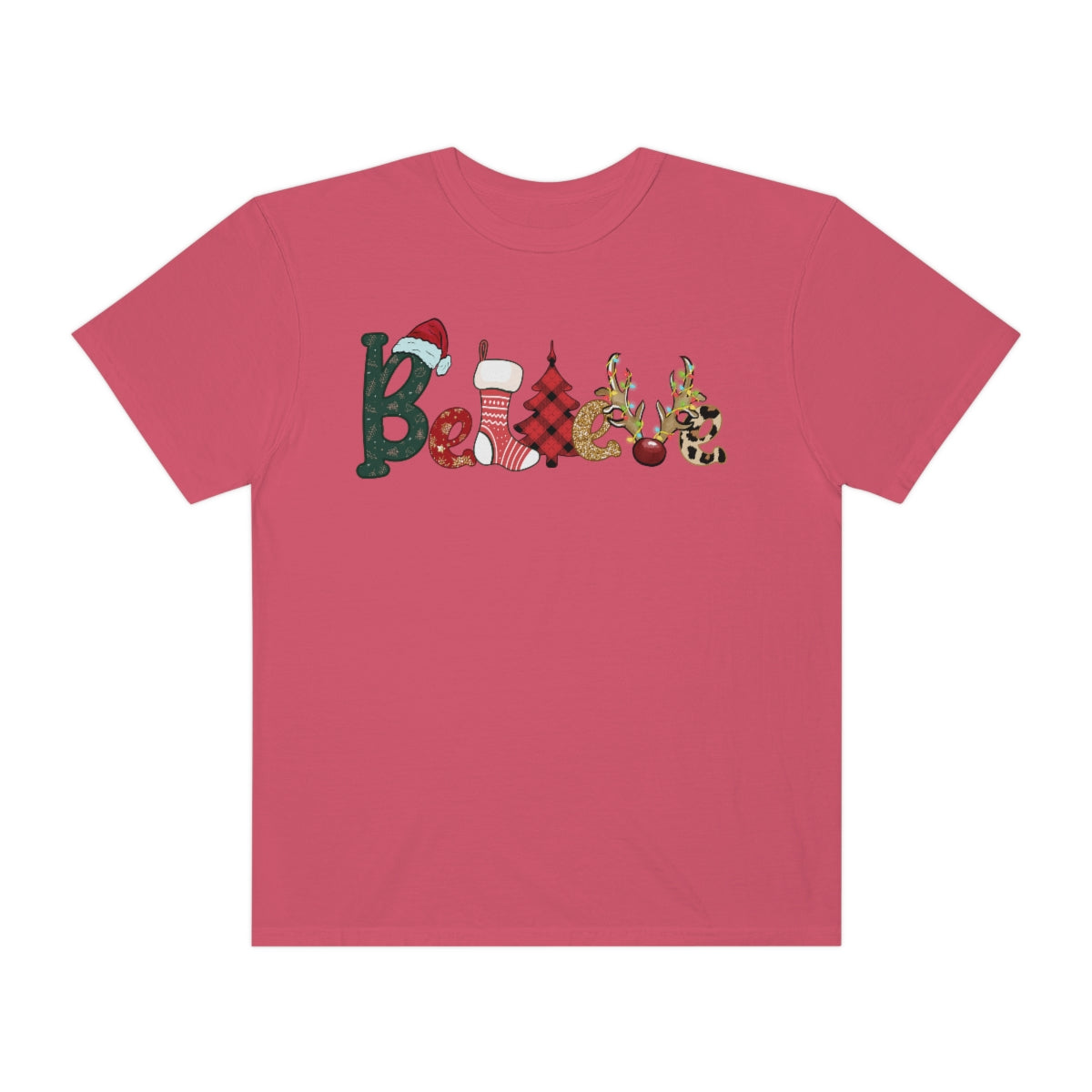 Comfort Colors T-shirt, Retro T-shirt, Believe, Christmas Tree, Christmas Stocking
