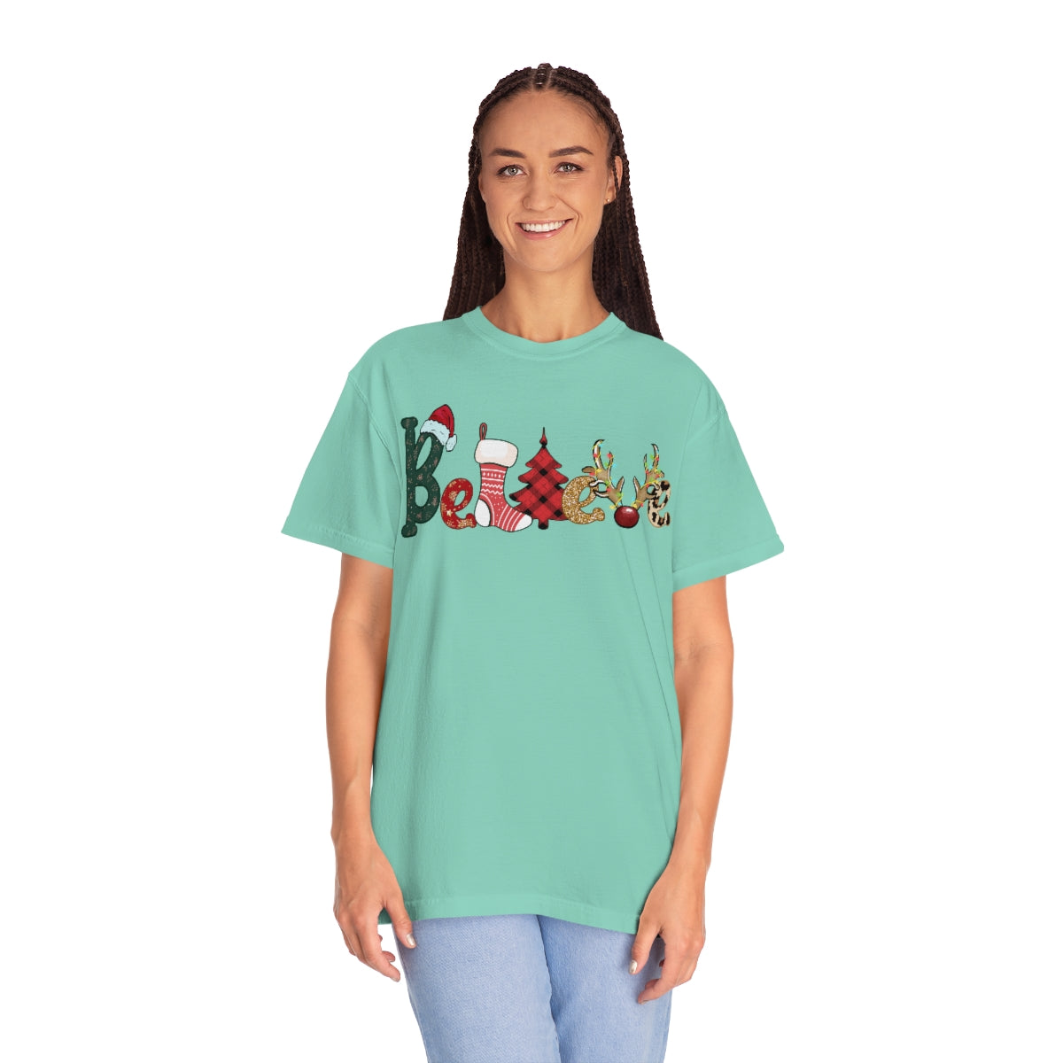 Comfort Colors T-shirt, Retro T-shirt, Believe, Christmas Tree, Christmas Stocking