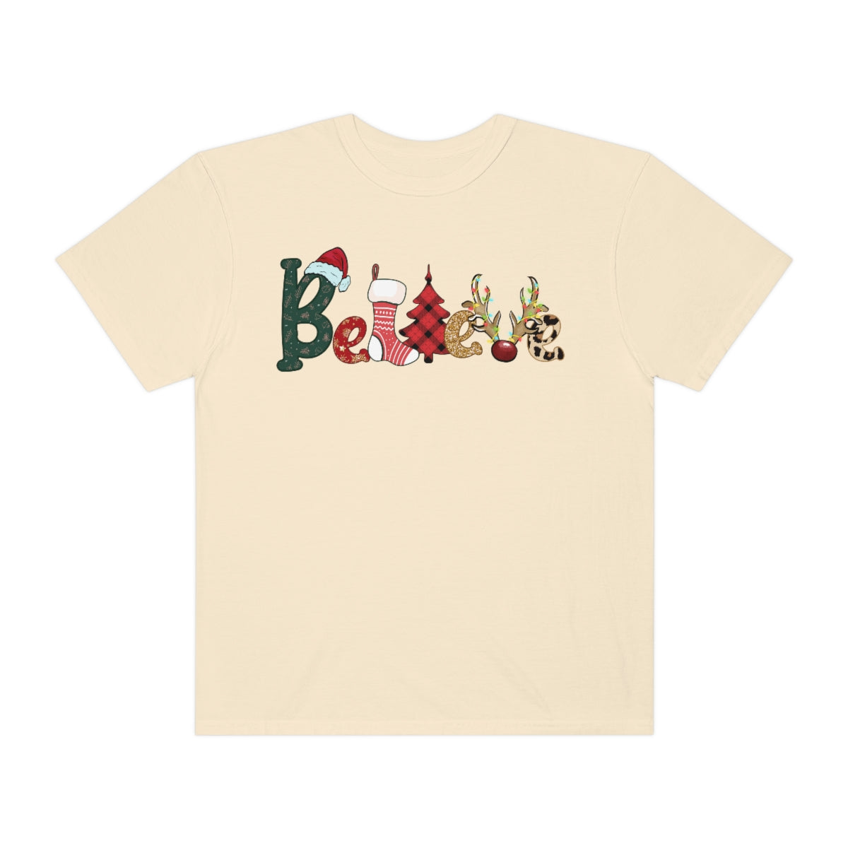 Comfort Colors T-shirt, Retro T-shirt, Believe, Christmas Tree, Christmas Stocking