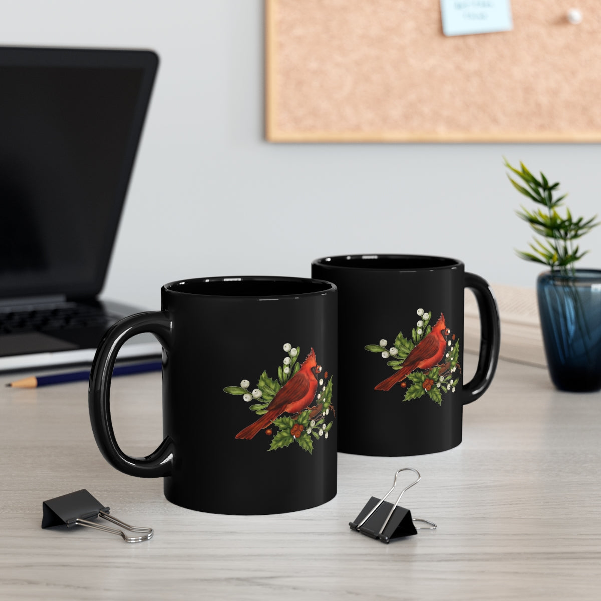 Christmas Cardinal 11oz Black Mug, Unique Mug, Holiday Mug