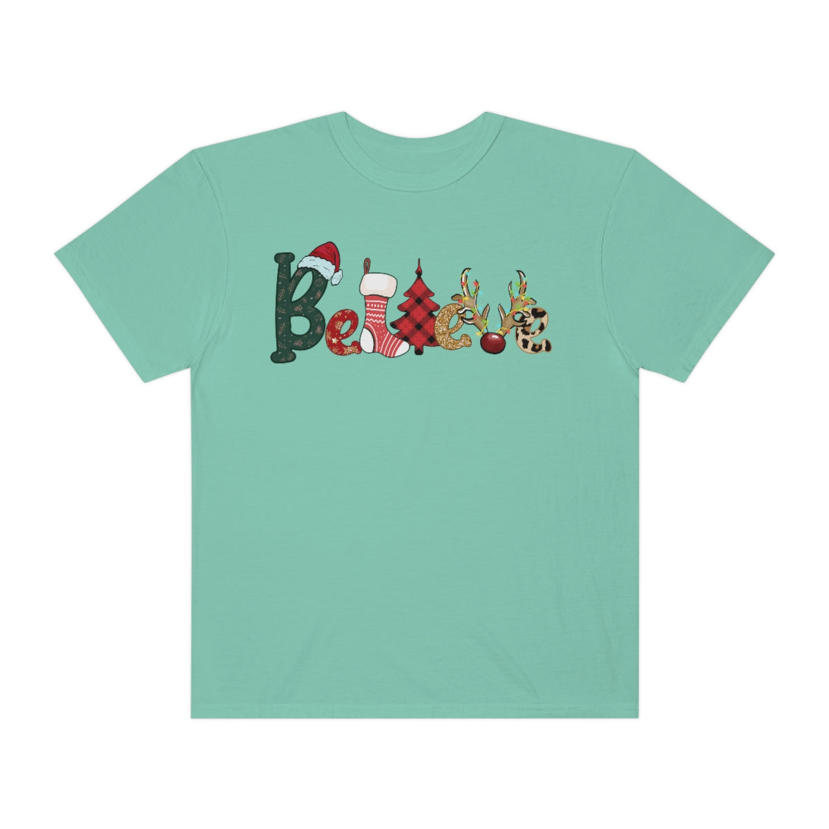 Comfort Colors T-shirt, Retro T-shirt, Believe, Christmas Tree, Christmas Stocking